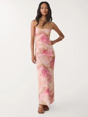 Stradivarius Sukienka midi z tiulu we wzory  Pastelowy róż