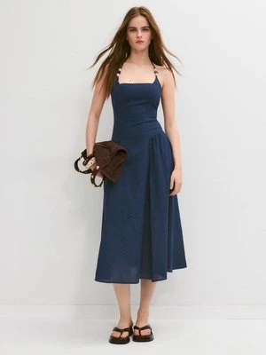 Stradivarius Sukienka średniej długości z dekoltem halter i koralikami  Morski