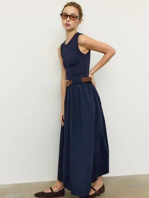 Stradivarius Sukienka średniej długości z łączonych materiałów bez rękawów z paskiem  Ciemnomorski