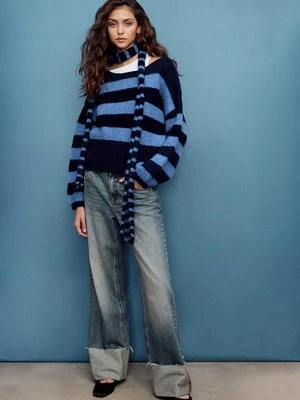 Stradivarius Sweter dzianinowy w paski z dekoltem łódką i szalikiem  Morski