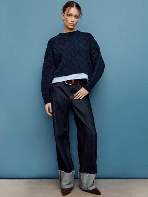 Stradivarius Sweter dzianinowy bimateriałowy  Morski