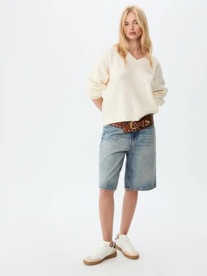 Stradivarius Sweter z filcowanej dzianiny z dekoltem w serek  Waniliowy