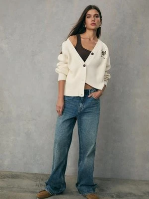 Stradivarius Sweter z haftem zapinany na guziki  Waniliowy