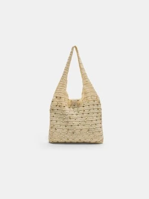 Stradivarius Szydełkowa torba shopper z cekinami  Ecru