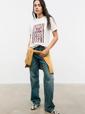 Stradivarius T-shirt pop corn z brokatem  Biały