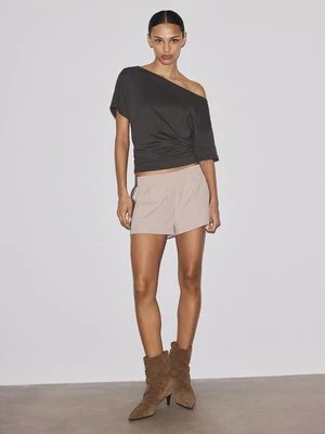 Stradivarius T-shirt z krótkim rękawem, dekoltem w łódkę i marszczeniami  Brązowy