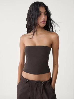 Stradivarius Top basic z dekoltem bandeau  Brązowy