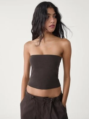 Stradivarius Top basic z dekoltem bandeau  Brązowy