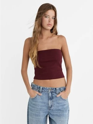 Stradivarius Top basic z dekoltem bandeau  Wiśniowy