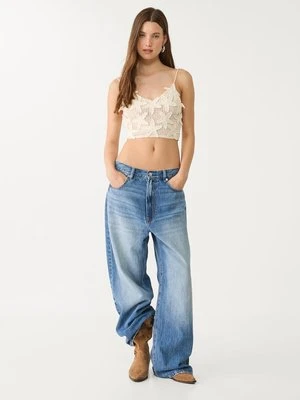 Stradivarius Top crochet z kwiatami  Waniliowy