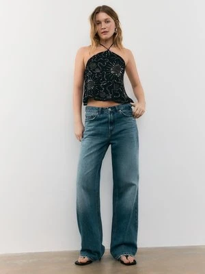 Stradivarius Top dekolt halter, hafty  Czarny