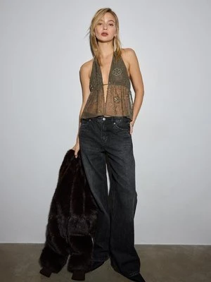 Stradivarius Top halter z haftami i błyskotkami  Khaki