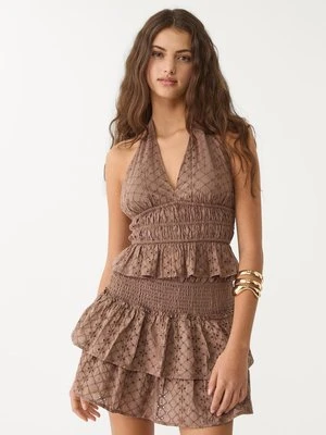 Stradivarius Top halter z haftem  Brązowy