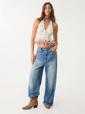 Stradivarius Top halter z kontrastowym haftem  Ecru