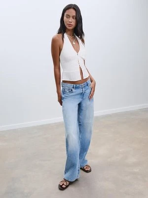 Stradivarius Top halter z lnu zapinany na guziki  Biały