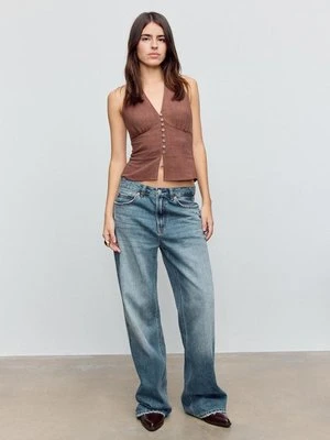 Stradivarius Top halter z lnu zapinany na guziki  Brązowy