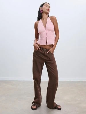 Stradivarius Top halter z lnu zapinany na guziki  Pastelowy róż