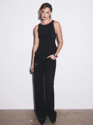 Stradivarius Top jeansowy z baskinką i zdobieniami  Czarny