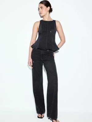 Stradivarius Top jeansowy z baskinką i zdobieniami  Czarny