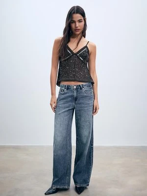 Stradivarius Top na ramiączkach z haftem  Czarny