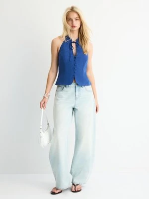 Stradivarius Top Qipao z dekoltem halter i guzikami  Błękit elektryczny