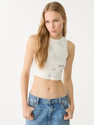 Stradivarius Top typu bokserka z błyszczącym nadrukiem  Ecru