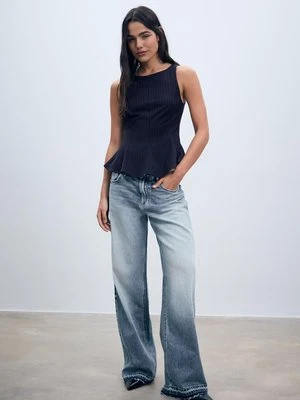 Stradivarius Top w paski z baskinką bez rękawów  Morski