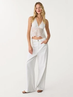 Stradivarius Top z dekoltem halter, haftowany błyszczącymi detalami  Ecru