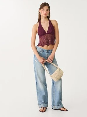 Stradivarius Top z dekoltem halter, haftowany błyszczącymi detalami  Fioletowy