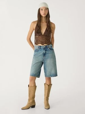 Stradivarius Top z dekoltem halter, haftowany z błyszczącymi detalami  Brązowy