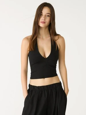 Stradivarius Top z dekoltem halter i dekoltem w serek  Czarny