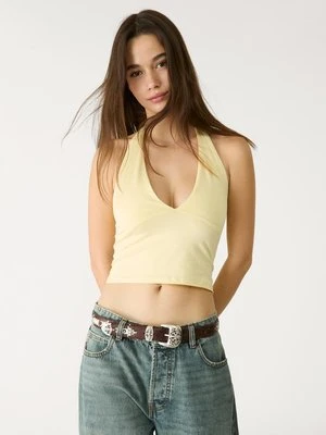 Stradivarius Top z dekoltem halter i dekoltem w serek  Żółty pastelowy