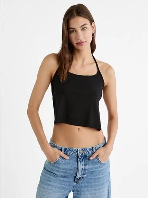 Stradivarius Top z dekoltem halter i odkrytymi plecami z wiązaniami  Czarny