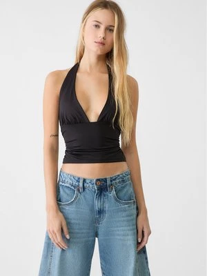 Stradivarius Top z dekoltem halter w serek  Czarny