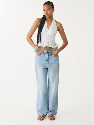 Stradivarius Top z dekoltem halter z haftem  Biały