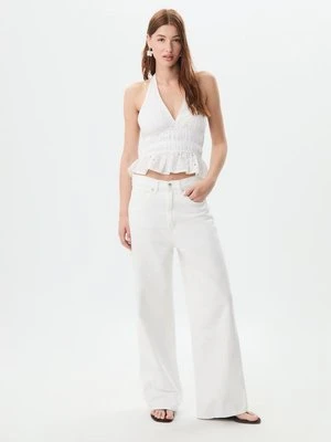 Stradivarius Top z dekoltem halter z haftem  Biały