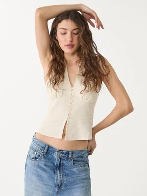 Stradivarius Top z dekoltem halter zapinany na guziki z lnem  Kamień