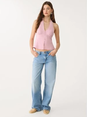 Stradivarius Top z dekoltem halter zapinany na guziki z lnem  Pastelowy róż