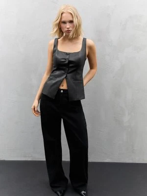 Stradivarius Top z dekoltem kwadratowym ze sztucznej skóry  Czarny