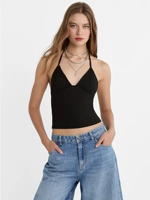 Stradivarius Top z dekoltem typu halter w serek  Czarny