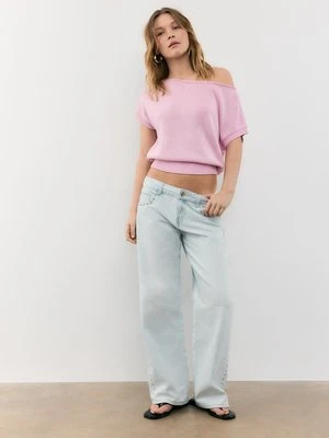 Stradivarius Top z dzianiny w rustykalnym stylu z dekoltem łódką  Pastelowy róż