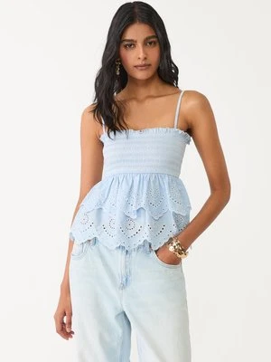 Stradivarius Top z falbanami i haftem  Błękitny