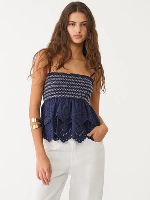 Stradivarius Top z falbanami i haftem  Ciemnomorski