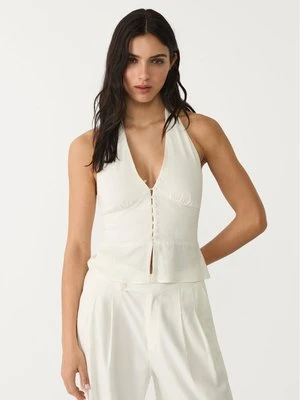 Stradivarius Top z mieszanki lnu z dekoltem halter i guzikami  Biały