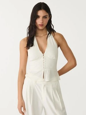 Stradivarius Top z mieszanki lnu z dekoltem halter i guzikami  Biały