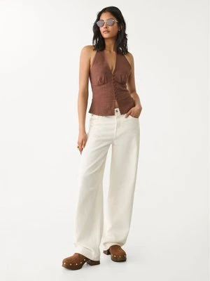 Stradivarius Top z mieszanki lnu z dekoltem halter i guzikami  Brązowy