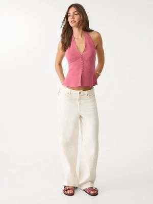 Stradivarius Top z mieszanki lnu z dekoltem halter i guzikami  Cielisty róż