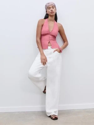 Stradivarius Top z mieszanki lnu z dekoltem halter i guzikami  Cielisty róż