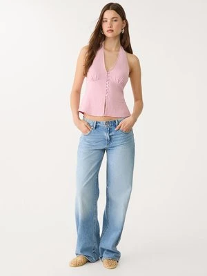 Stradivarius Top z mieszanki lnu z dekoltem halter i guzikami  Pastelowy róż