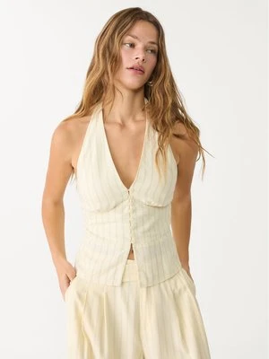 Stradivarius Top z mieszanki lnu z dekoltem halter i guzikami  Żółty
